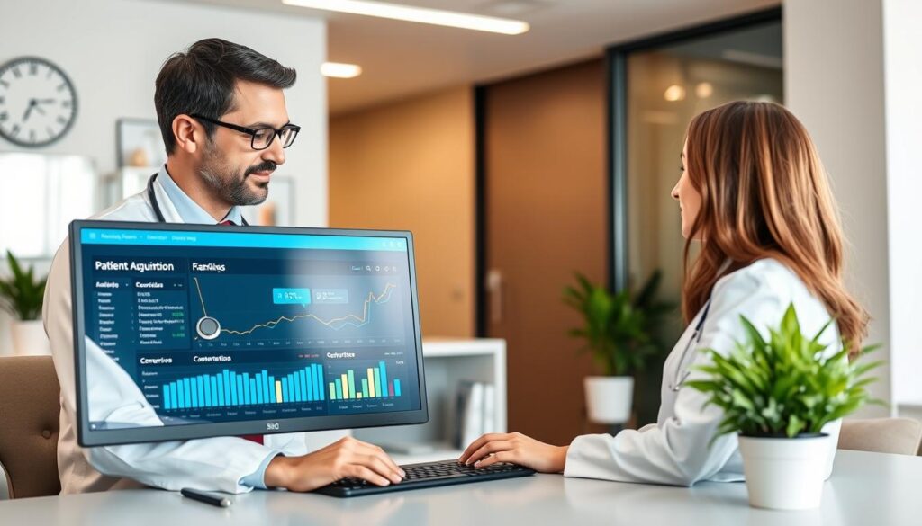 Doctor reviewing SEO analytics dashboard showing patient acquisition metrics