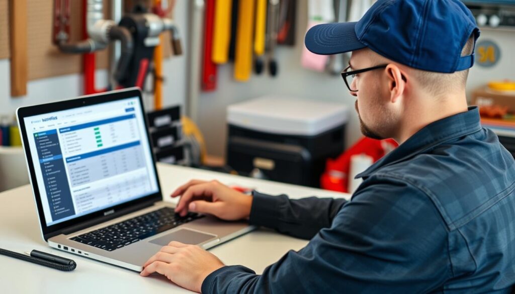 Plumber reviewing SEO audit checklist on laptop