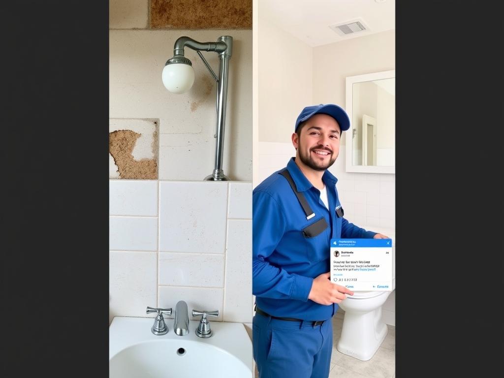 Plumber sharing before and after photos of a bathroom renovation on social media