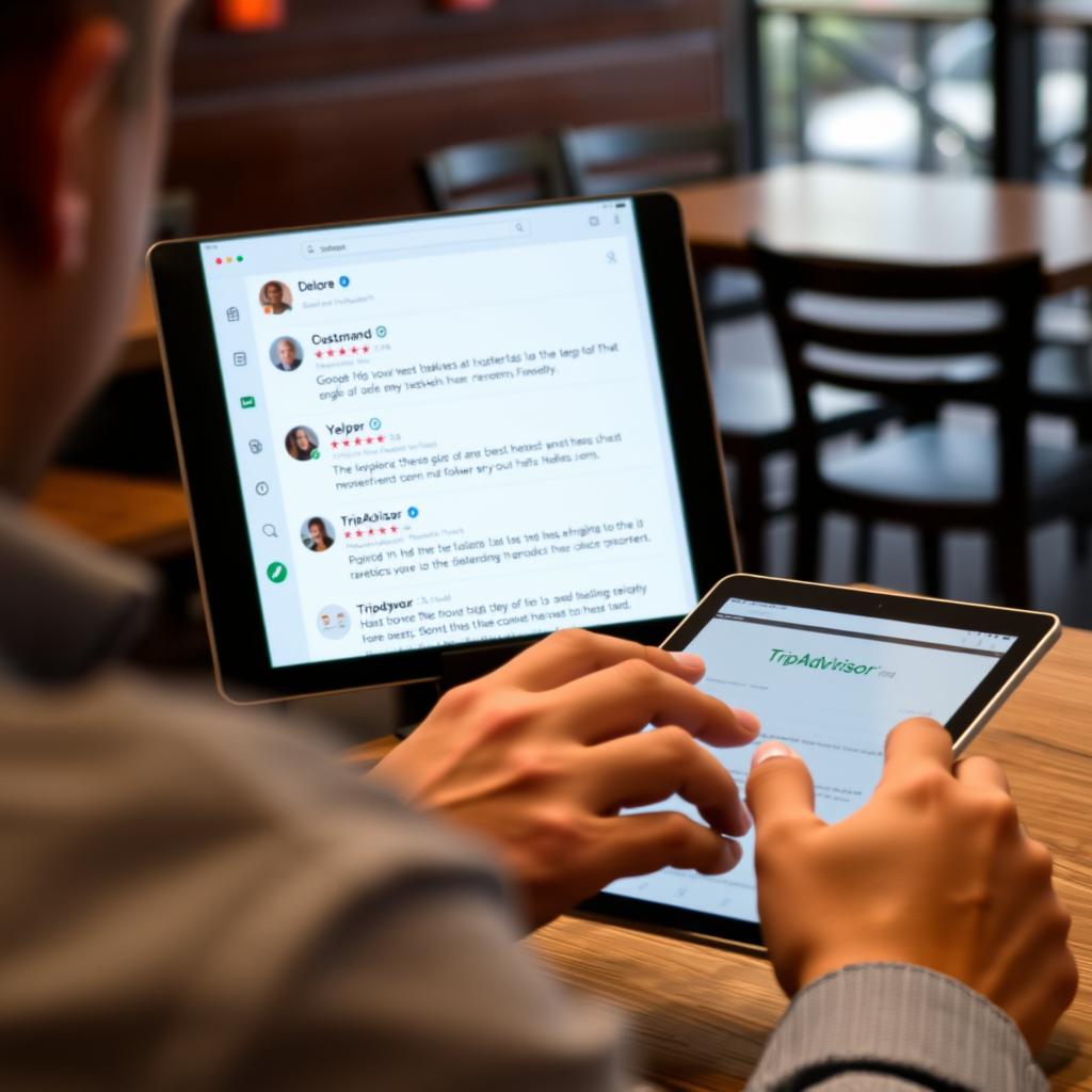 Restaurant owner responding to customer reviews for SEO improvement Restaurant owner responding to customer reviews for SEO improvement